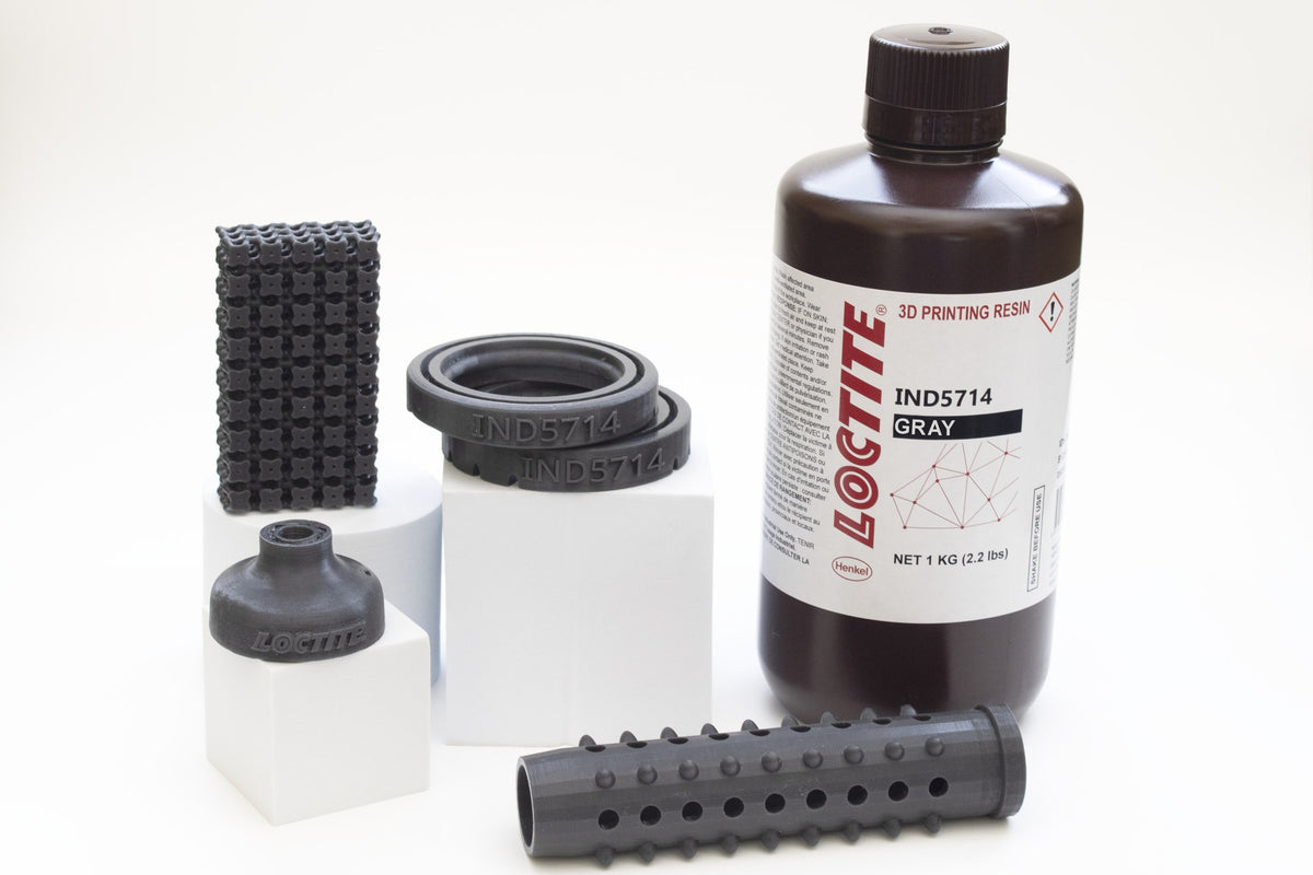 Bote de 1 kg de resina 3D Loctite 3D IND5714 gris con juntas y piezas elásticas impresas