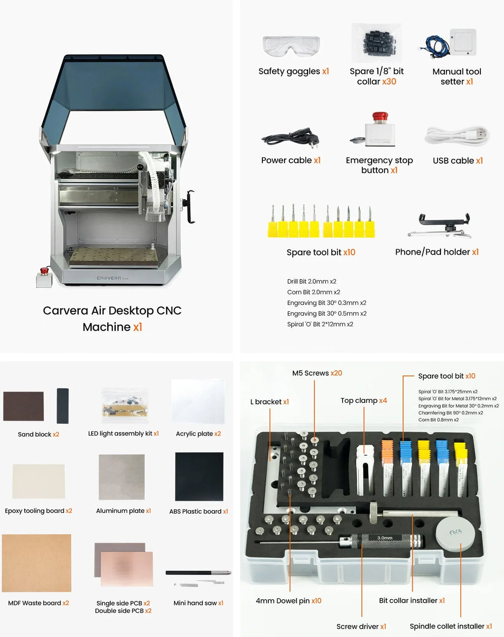 Contenido de la caja de la fresadora CNC Makera Carvera Air: fresas, sonda, seta de emergencia, bridas y materiales