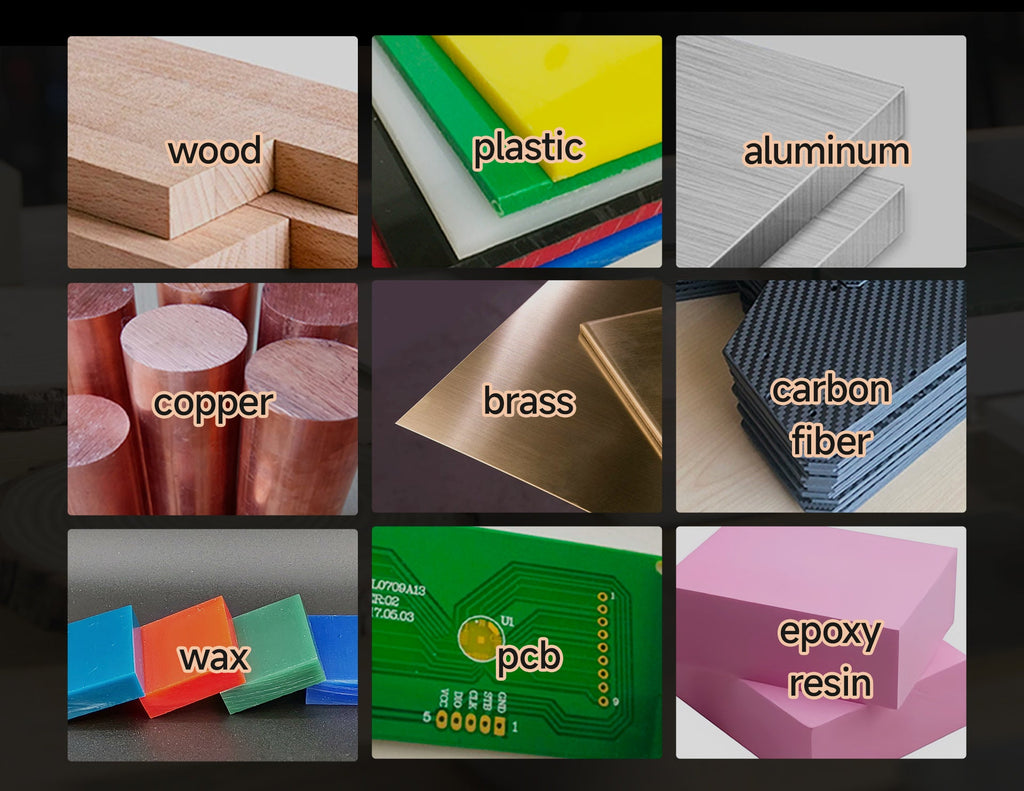 Materiales que fresa la Makera Carvera Air: madera, plástico, aluminio, cobre, latón, fibra de carbono, cera, PCB y resina epoxi