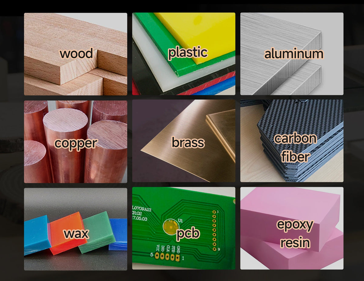 Materiales que fresa la Makera Carvera Air: madera, plástico, aluminio, cobre, latón, fibra de carbono, cera, PCB y resina epoxi