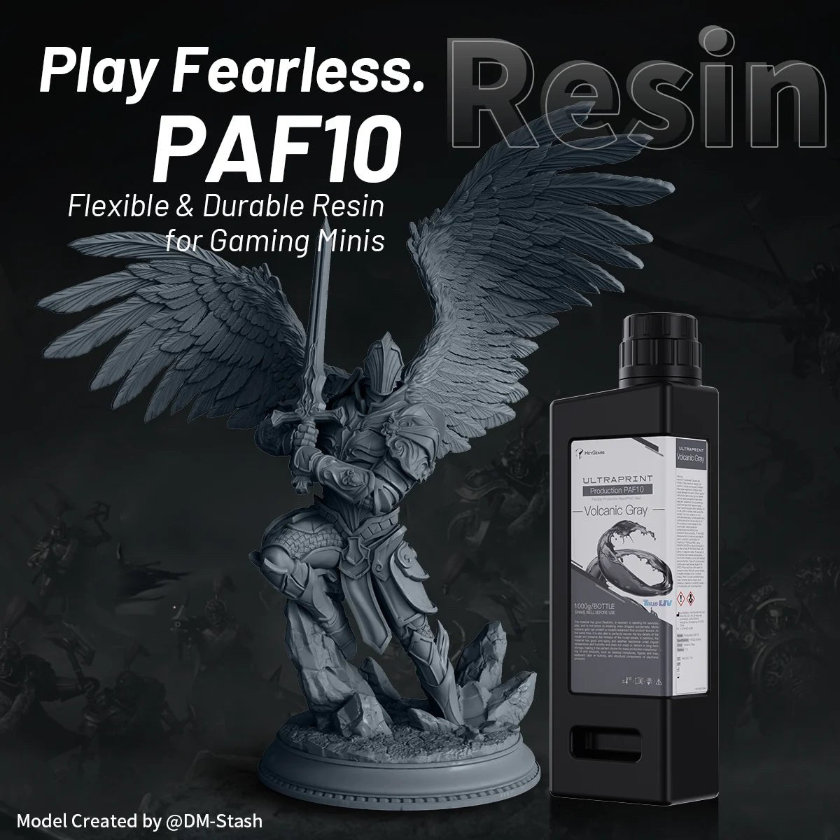 Miniatura de ángel con espada impresa en resina flexible HeyGears PAF10 gris volcánico