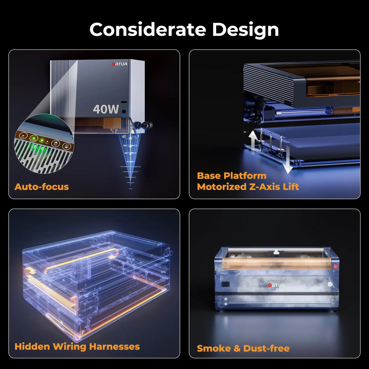 Autoenfoque, base elevable y extracción de humo de la grabadora láser Ortur H20