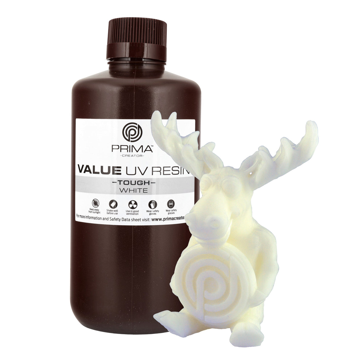 Bote de 1 kg de resina PrimaCreator Value Tough tipo ABS blanco y figura impresa