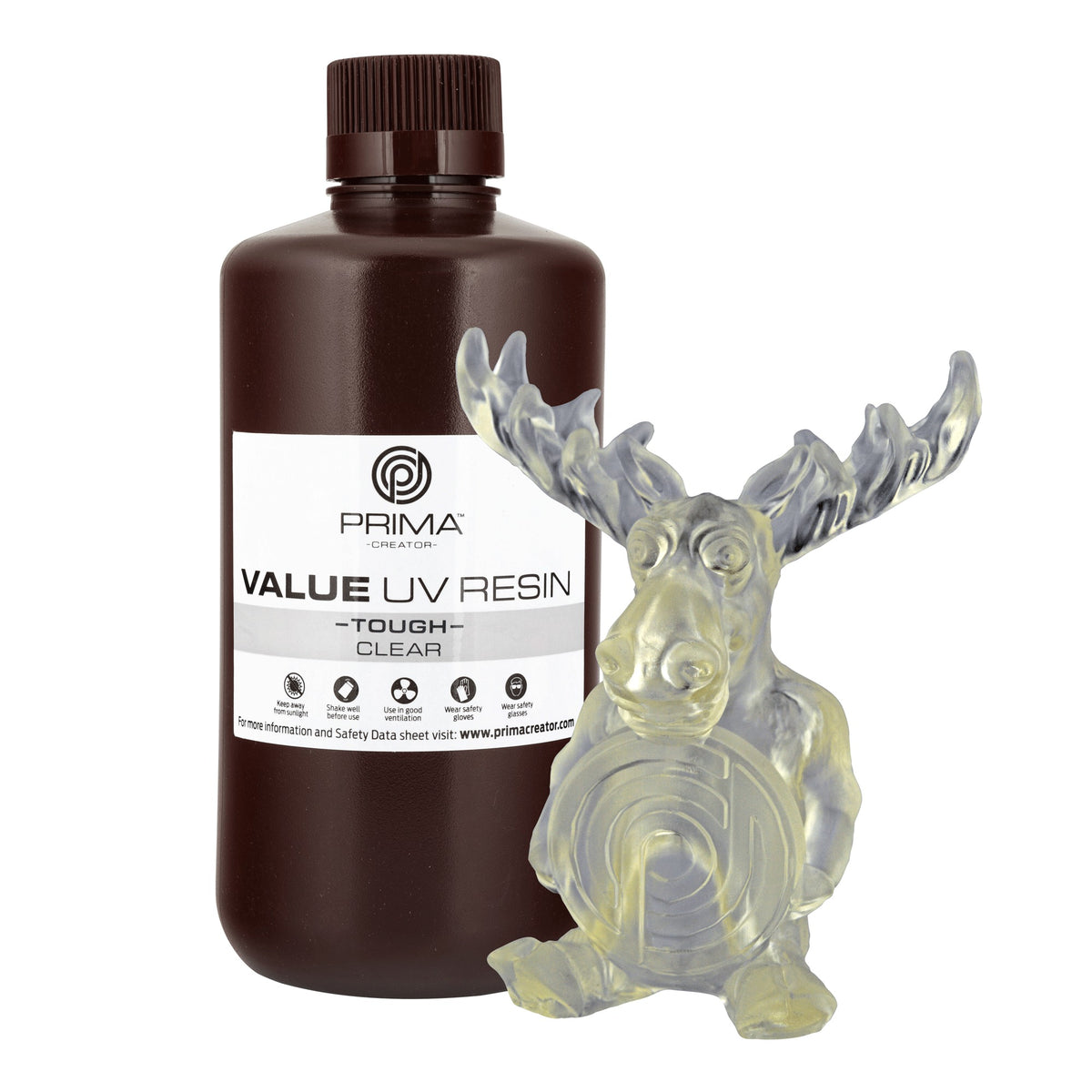 Bote de 1 kg de resina PrimaCreator Value Tough tipo ABS transparente y figura impresa