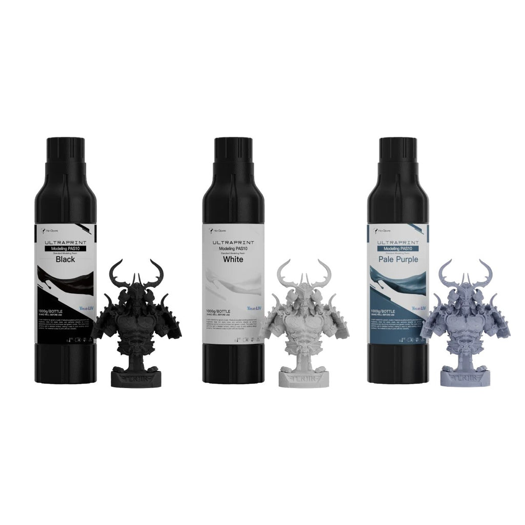 Resina HeyGears PAS10 en sus tres colores: negro, blanco y morado claro