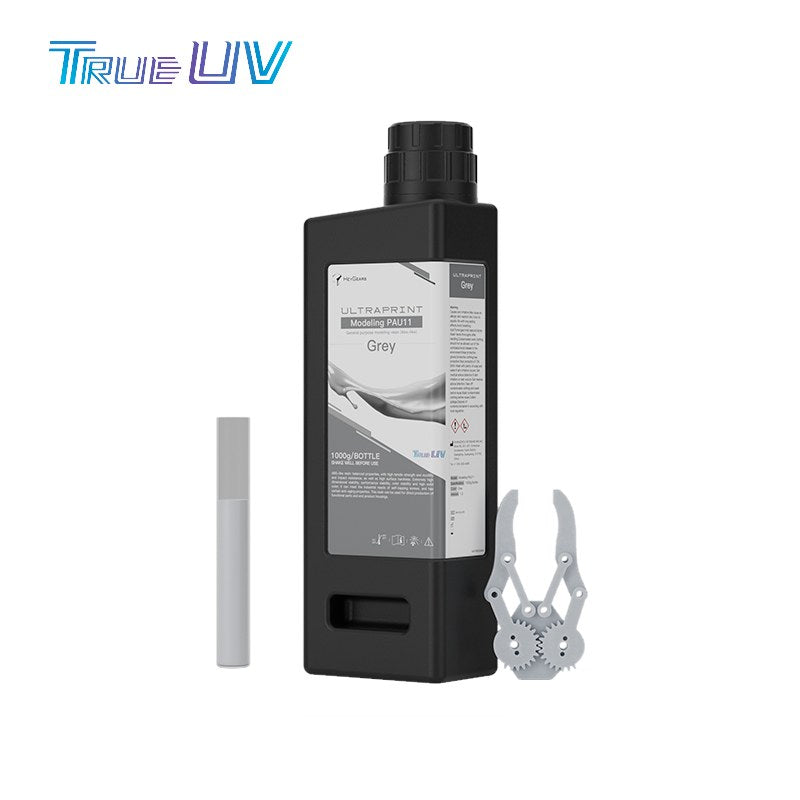 Resina HeyGears PAU11 tipo ABS gris en botella de 1 kg con pieza funcional impresa