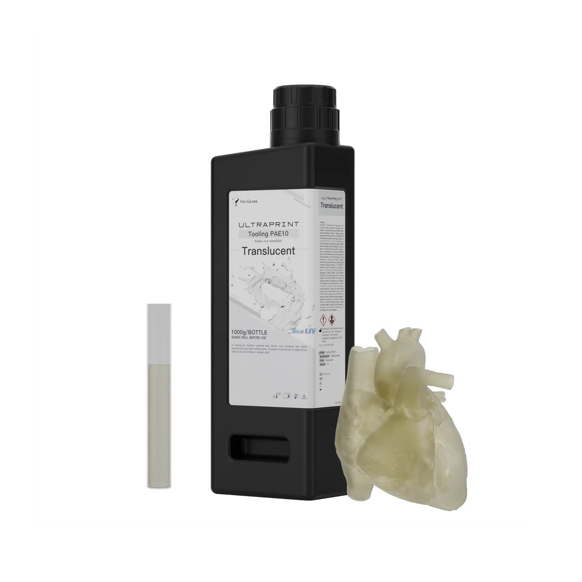 Botella de 1 kg de resina elástica HeyGears UltraPrint PAE10 translúcida con corazón anatómico impreso