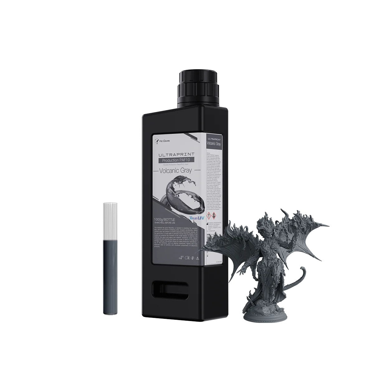 Botella de 1 kg de resina flexible HeyGears UltraPrint PAF10 gris volcánico con miniatura impresa