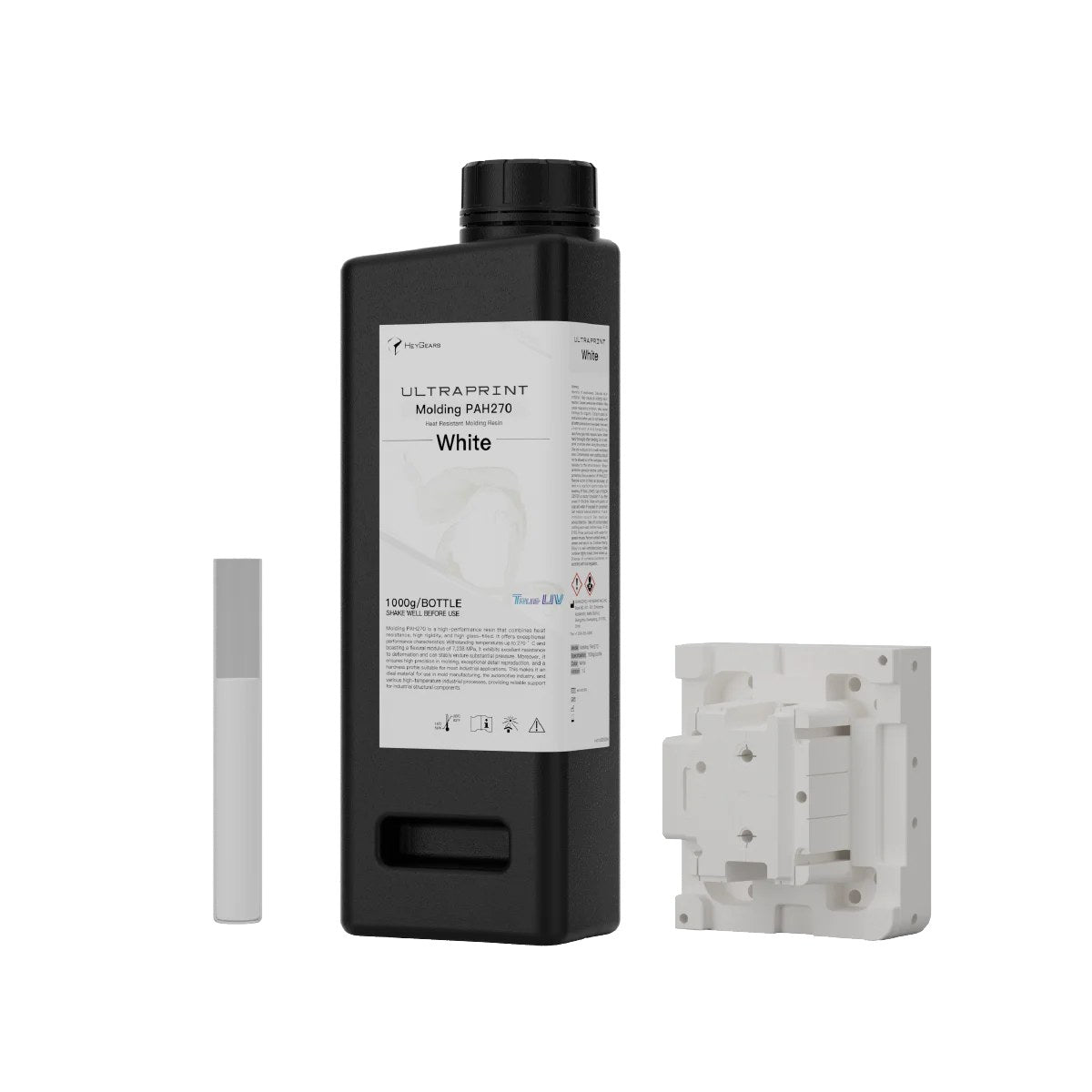 Resina HeyGears UltraPrint PAH270 blanca de alta temperatura, bote de 1 kg con molde impreso