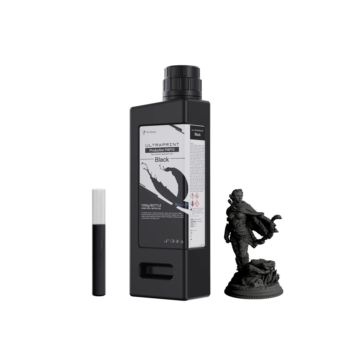 Botella de 1 kg de resina HeyGears UltraPrint PAP10 negra con miniatura impresa en negro