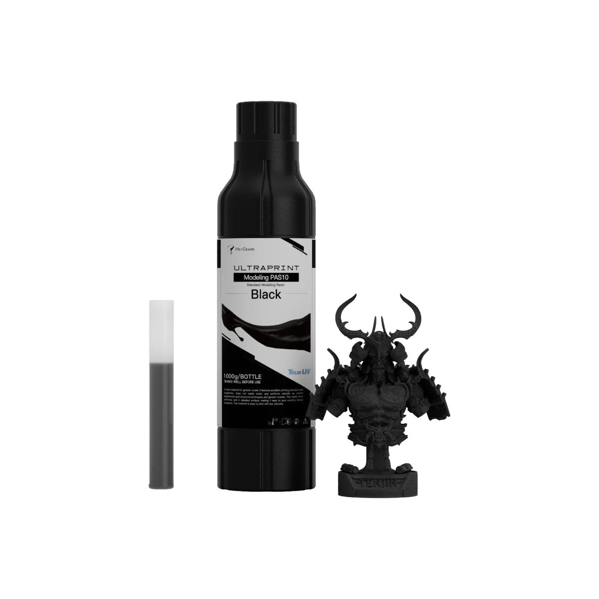 Botella de 1 kg de resina HeyGears UltraPrint PAS10 negra con busto impreso