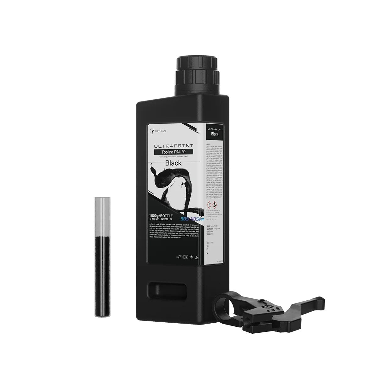 Botella de 1 kg de resina de utillaje HeyGears UltraPrint PAU20 negra con pieza impresa