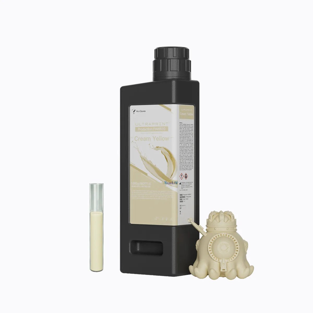 Botella de 1 kg de resina HeyGears UltraPrint PAWR10 amarillo crema con pieza impresa