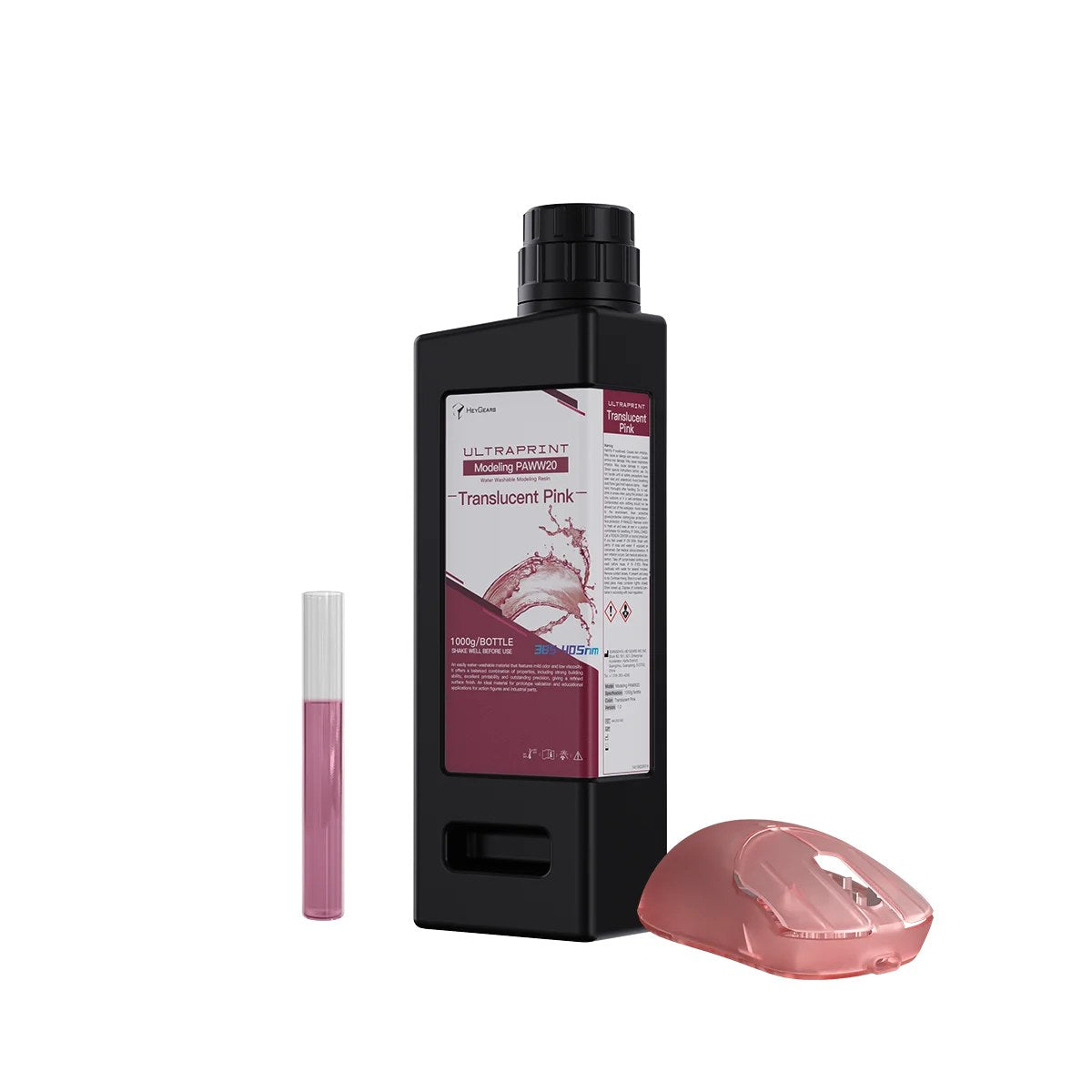 Botella de 1 kg de resina lavable al agua HeyGears UltraPrint PAWW20 rosa translúcido con ratón impreso