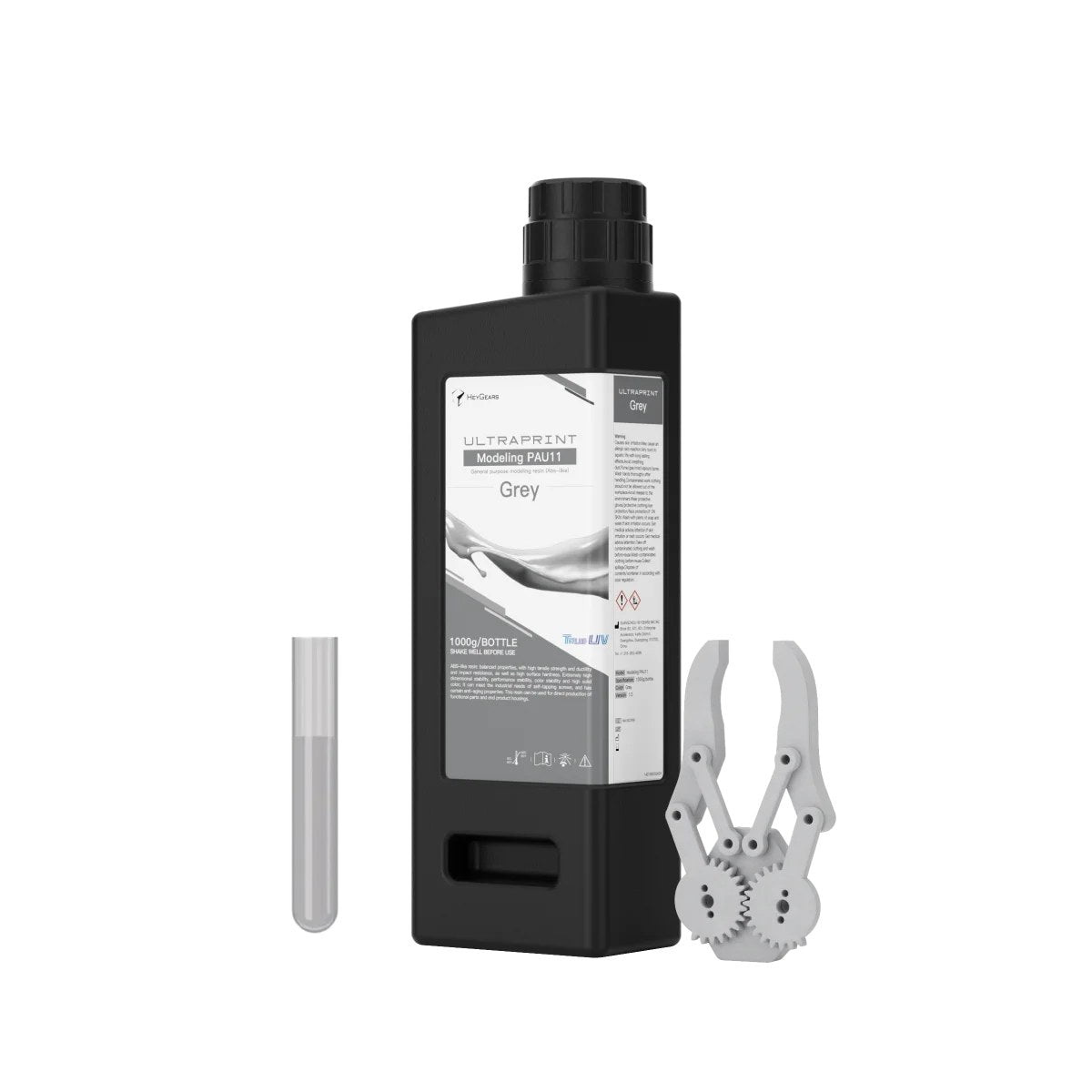 Botella de 1 kg de resina tipo ABS HeyGears UltraPrint PAU11 gris con pinza impresa