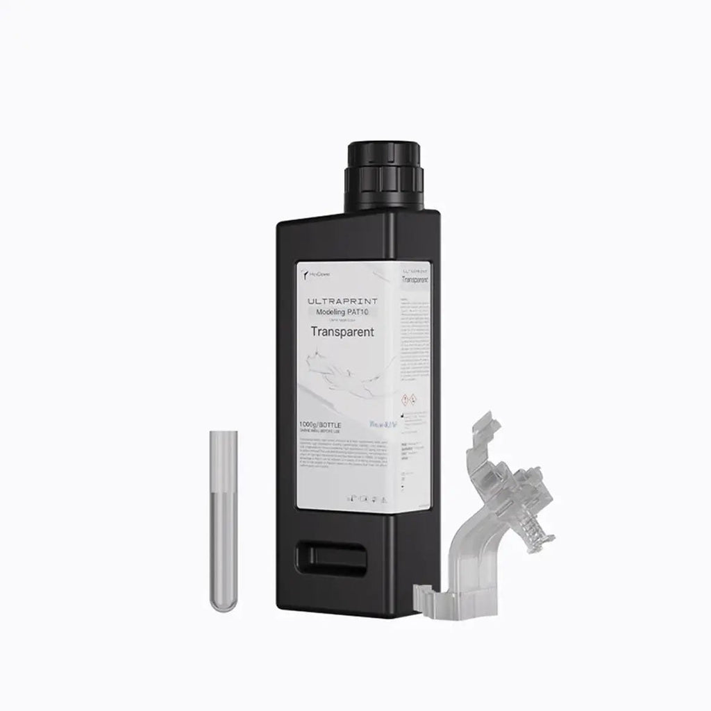 Botella de 1 kg de resina transparente HeyGears UltraPrint PAT10 con figura transparente impresa