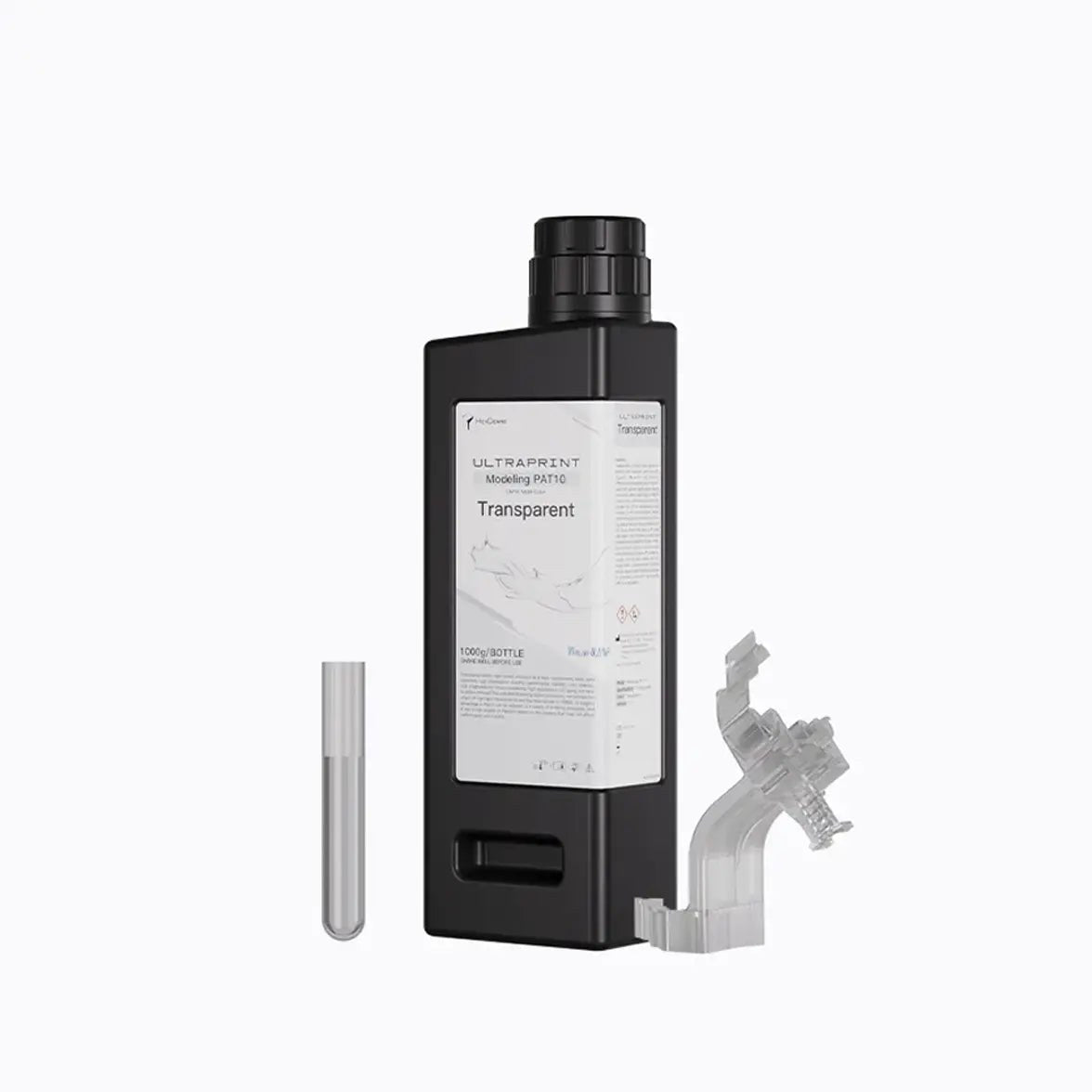 Botella de 1 kg de resina transparente HeyGears UltraPrint PAT10 con figura transparente impresa