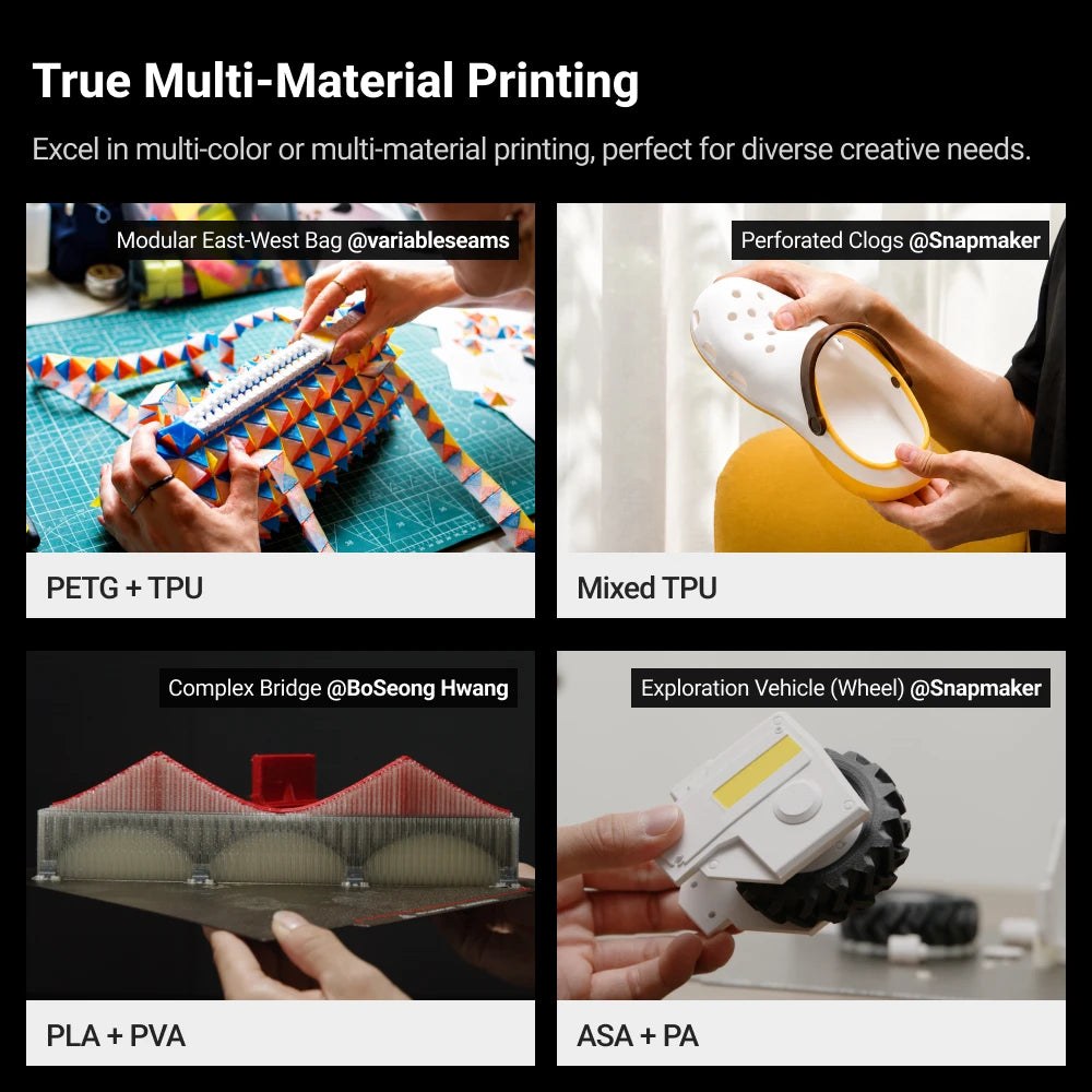 Piezas multimaterial impresas con la Snapmaker U1: PETG con TPU, TPU mixto, PLA con PVA y ASA con PA