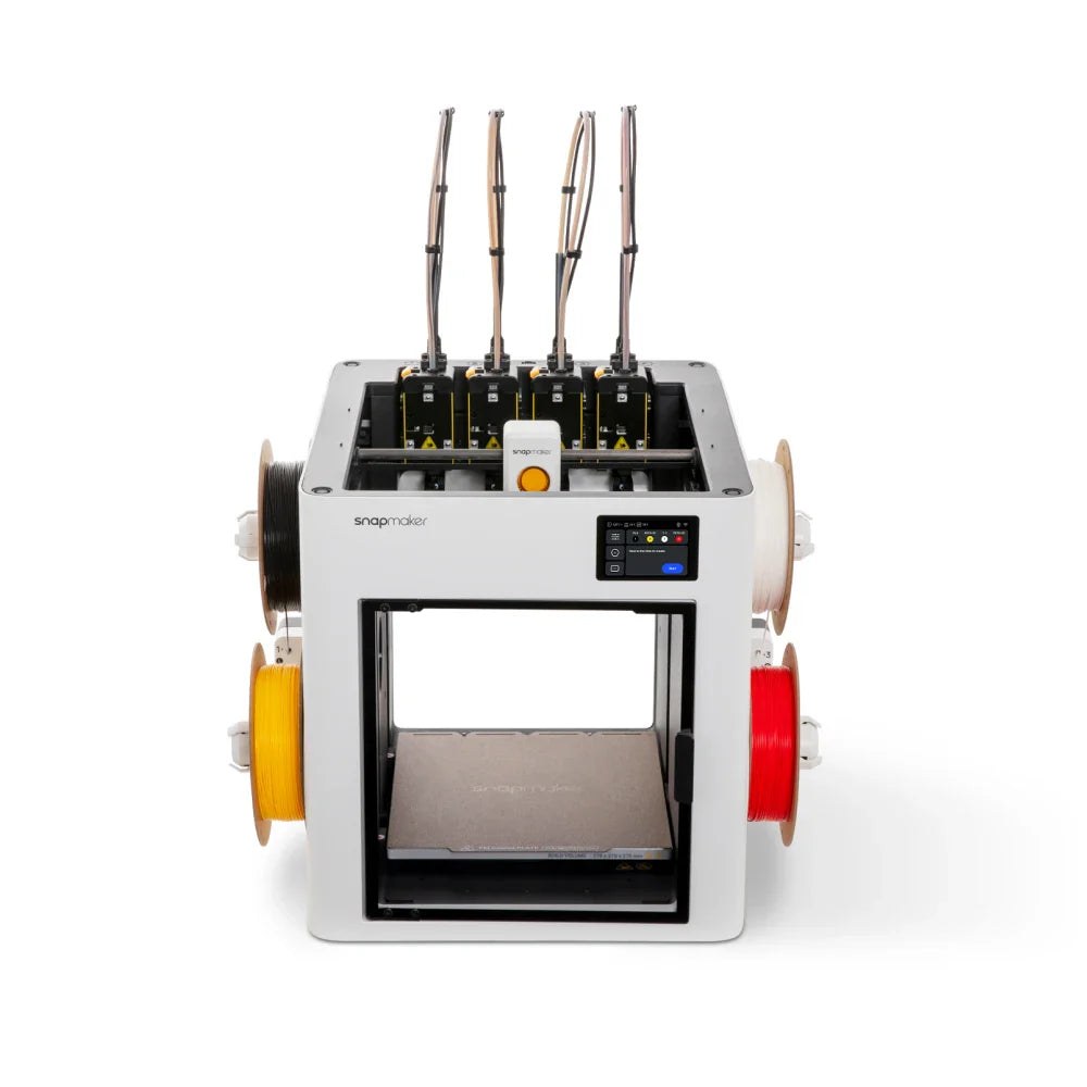 Snapmaker U1, impresora 3D multicolor con 4 cabezales, vista frontal con bobinas en los laterales