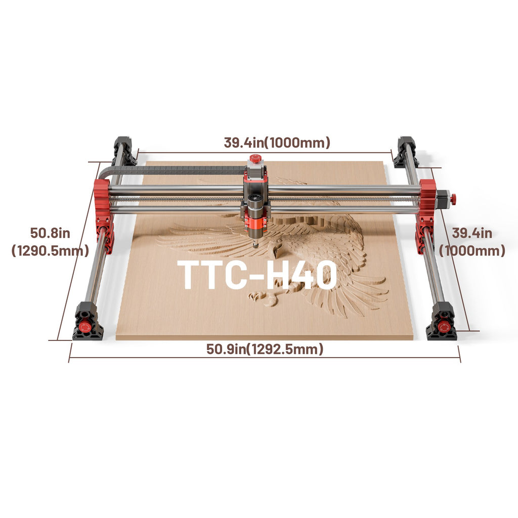 Medidas de la fresadora CNC TwoTrees TTC-H40: 1292,5 × 1290,5 mm y área de trabajo de 1000 × 1000 mm