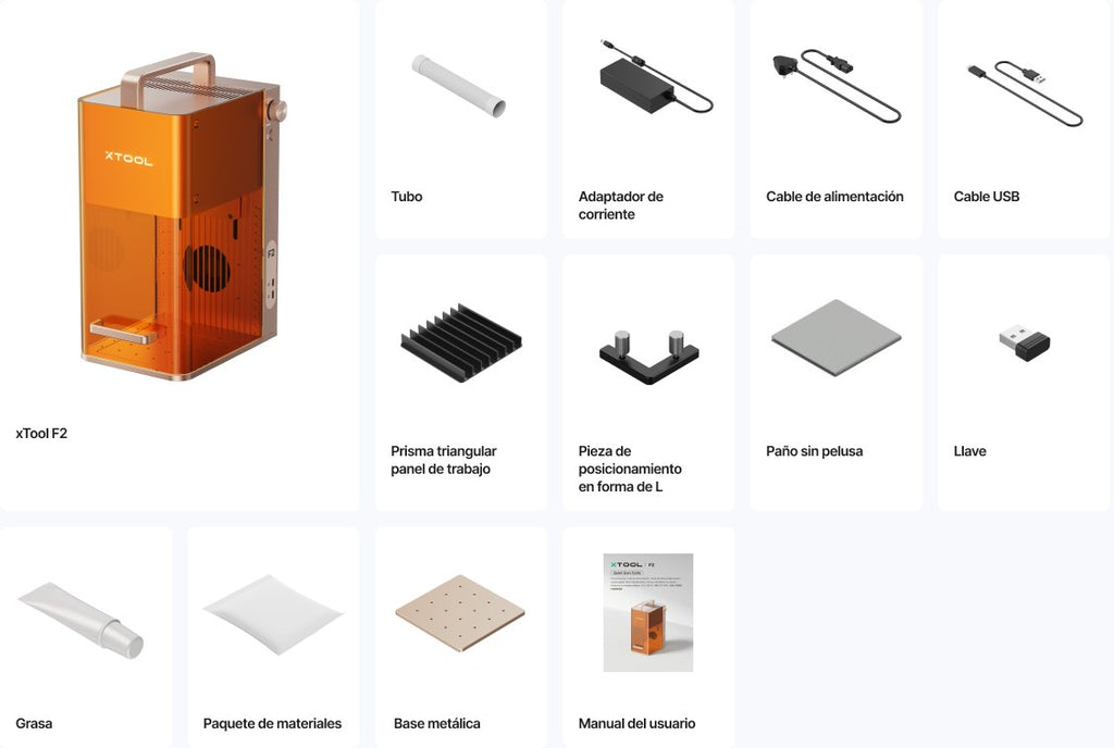Contenido de la caja de la grabadora láser xTool F2