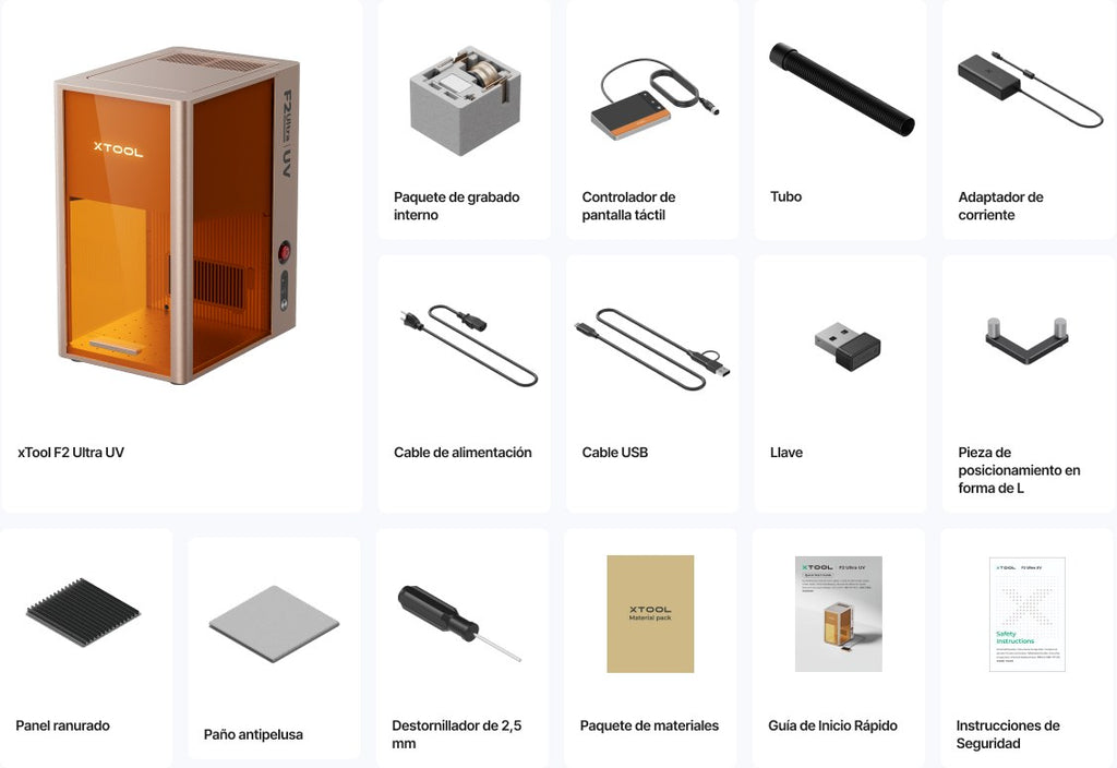 Contenido de la caja de la grabadora láser UV xTool F2 Ultra UV