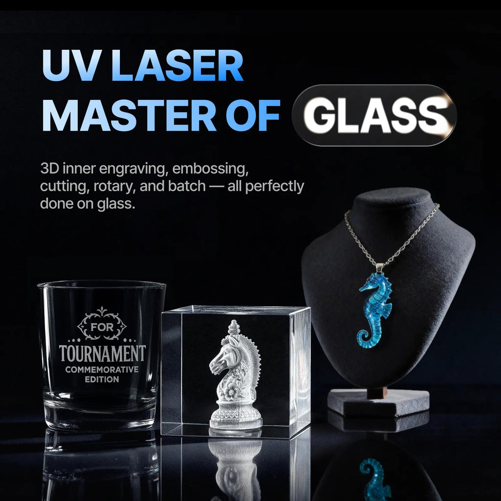 Vaso, bloque de cristal y colgante grabados con la grabadora láser UV xTool F2 Ultra UV