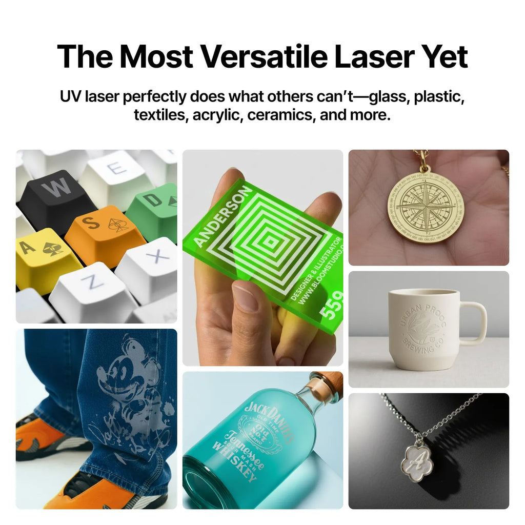 Materiales que graba la xTool F2 Ultra UV: plástico, cerámica, vidrio, tela y metal