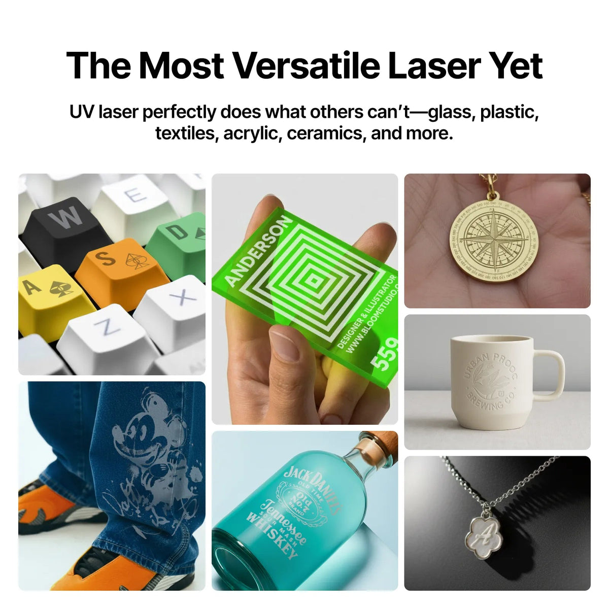 Materiales que graba la xTool F2 Ultra UV: plástico, cerámica, vidrio, tela y metal