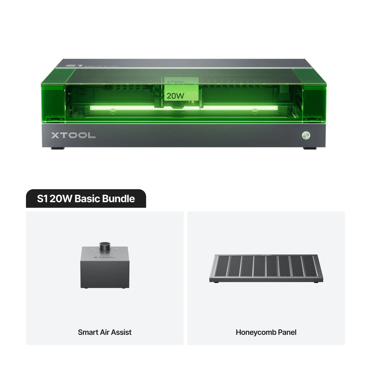 Paquete Básico de la grabadora láser xTool S1 20W con Smart Air Assist y panel de nido de abeja